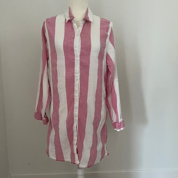 Tommy Bahama Rugby Beach Stripe Boyfriend Shirt Coral Coast Swim Coverup Large - Picture 2 of 9